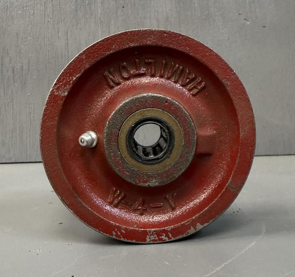 Used LOT OF 2 HAMILTON W-4-V-3/4 V-GROOVED CASTER WHEEL 4" DIA X 3/4" ID ROLLER BEAR.