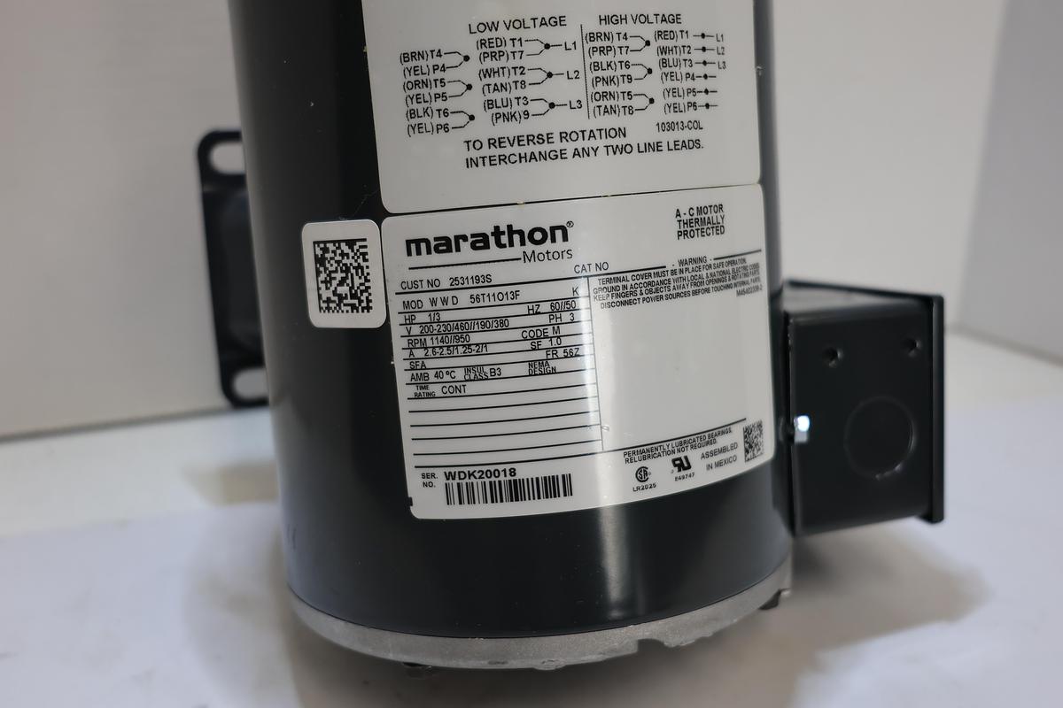 Marathon 56111013F 1/3 HP 3PH Electric Motor 1140 RPM 56Z 200-230/460V NOS