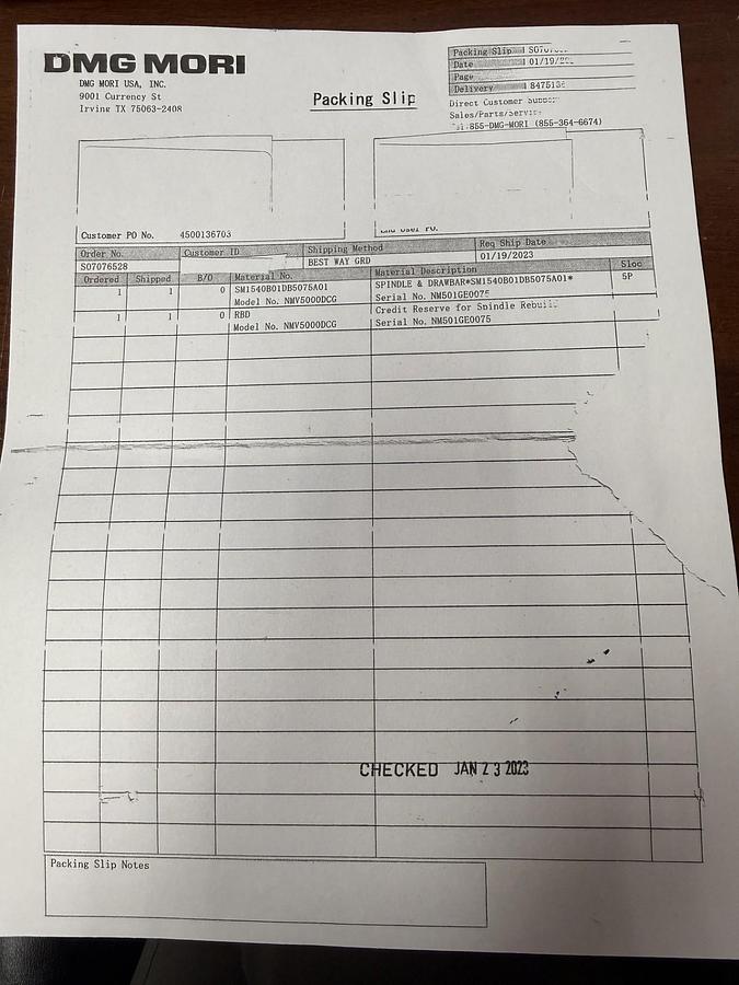 Used DMG Mori Spindle and Drawbar Set NMV Spindle Unit HSK SM1540B01DB5075A01 