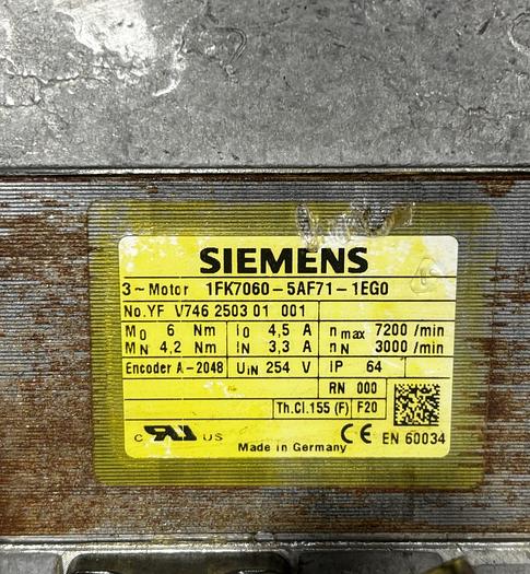 Used SIEMENS 1FK7060-5AH71-1EG0 SERVO MOTOR 3000 RPM GHA-164