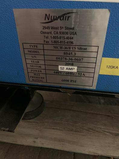 Used Nuvair MCH36/ETS Silent Scuba Tank/Air Compressor 440V/60Hz/52A 6000 PSI GHA-up