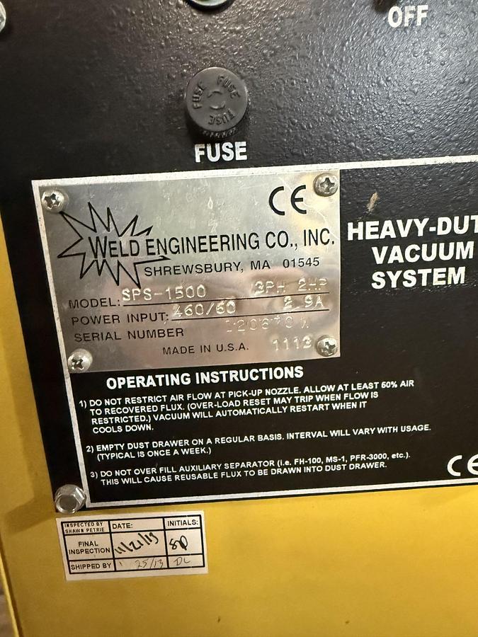 Used Weld Engineering The Mighty Mac SPS-1500 Flux Recovery System 3HP 2 HP