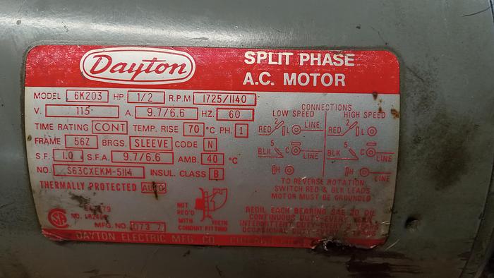 Used Dayton 6K203 1 Phase .5HP 115V Electric Motor GH302