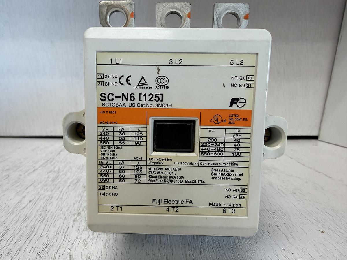 Used Fuji Electric SC-N6 Magnetic Motor Starter Contactor 125A 600V 3 Pole Coil 120V GHA-180