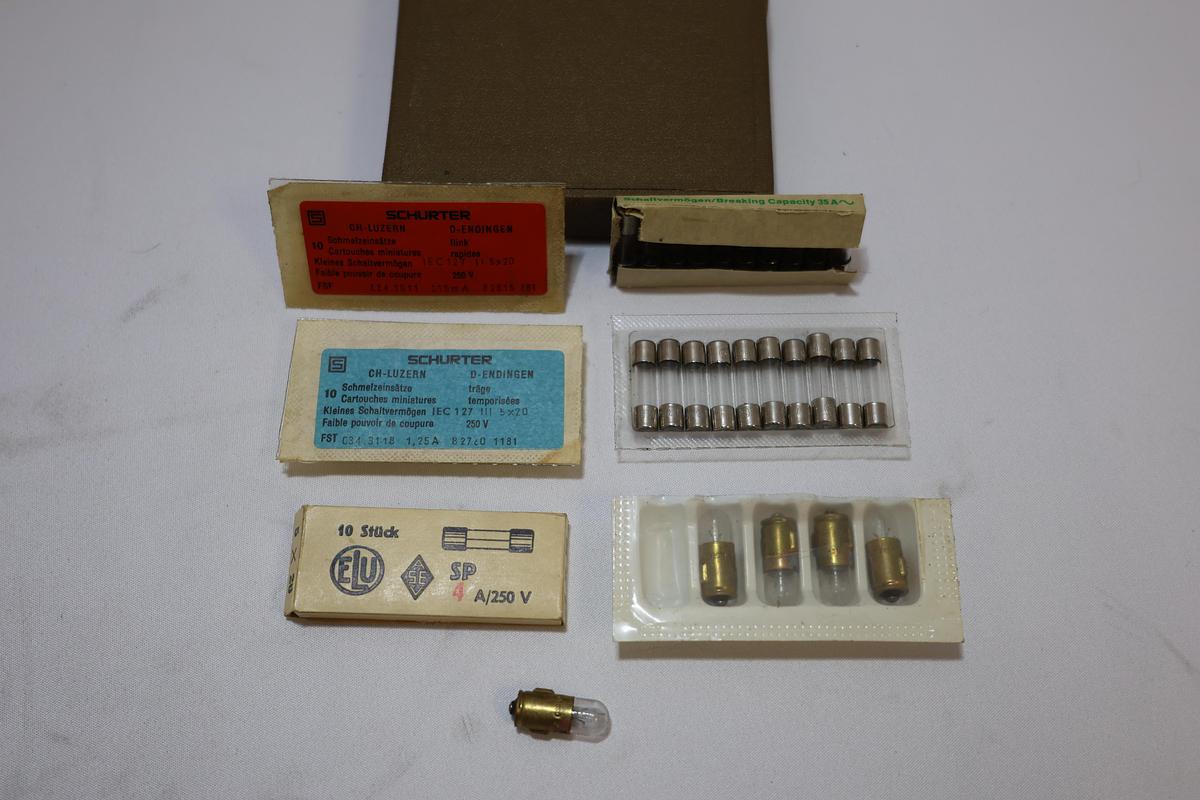 Vintage Schurter Fuse & Miniature Lamp Assortment Lot – 50 Fuses + 5 Bulbs NOS