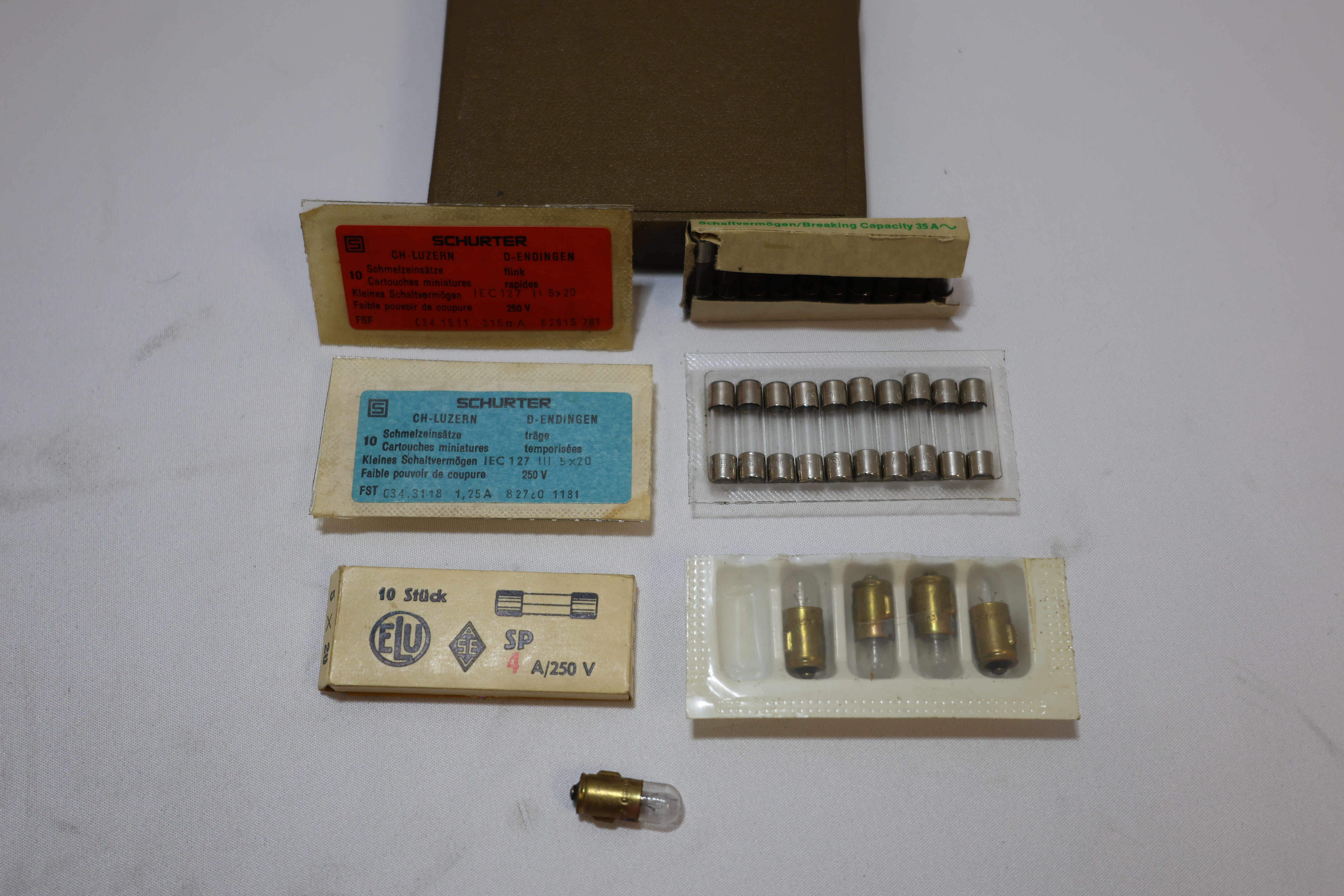 Vintage Schurter Fuse & Miniature Lamp Assortment Lot – 50 Fuses + 5 Bulbs NOS