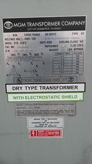 Used MGM Transformer HT45A3B2 45KVA 480-208/120V (GH0-0)