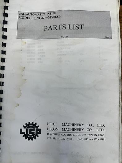 Used Lico Cnc Automatic Lathe Model LCN42-M520AL Parts List GHGC-D21