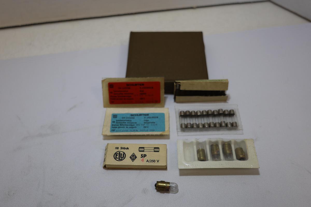 Vintage Schurter Fuse & Miniature Lamp Assortment Lot – 50 Fuses + 5 Bulbs NOS