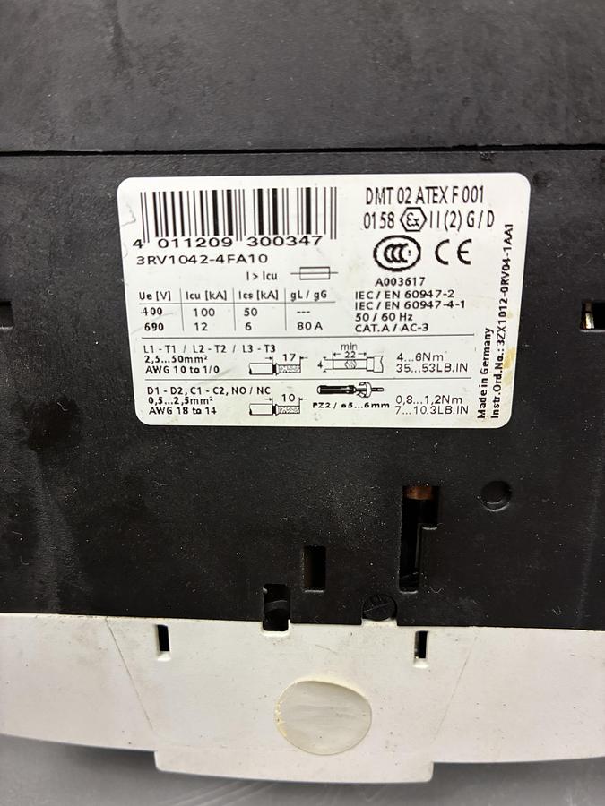 Used Siemens 3RV1042-4FA10 Motor Protection Circuit Breaker – 28-40A, 3-Pole, 520A GHC-37