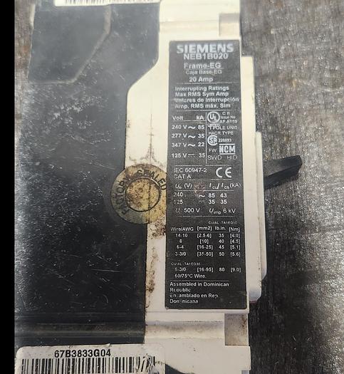 Used Siemens NEB1B020 20 AMP 1 Pole Circuit Breaker EG Frame - GHB-70