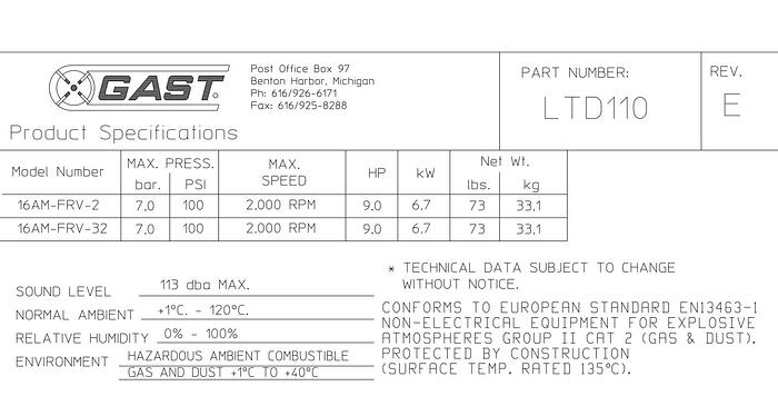 GAST AIR MOTOR Pneumatic Motor 16AM-FRV-2 9 hp 2000rpm 30ft/lb GH202C0