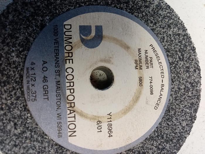 Used Dumore Corporation 4" X 1/2" X 3/8" Grinding Wheel A.O. 46 Grit RPM 5800 774-0098 GH504
