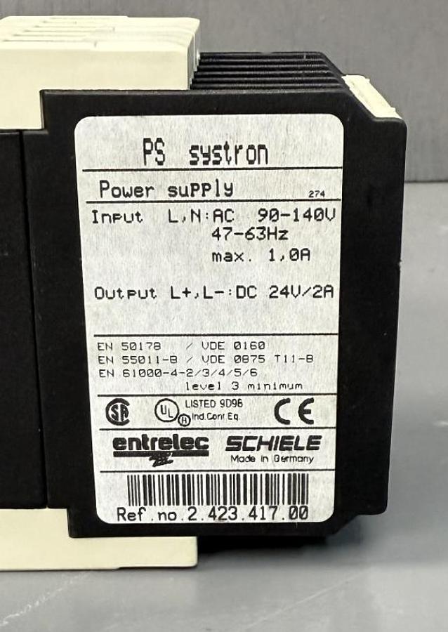 Used ENTRELEC SCHIELE PS-SYSTRON POWER SUPPLY REF. NO. 2.423.417.00 GHA-GC9