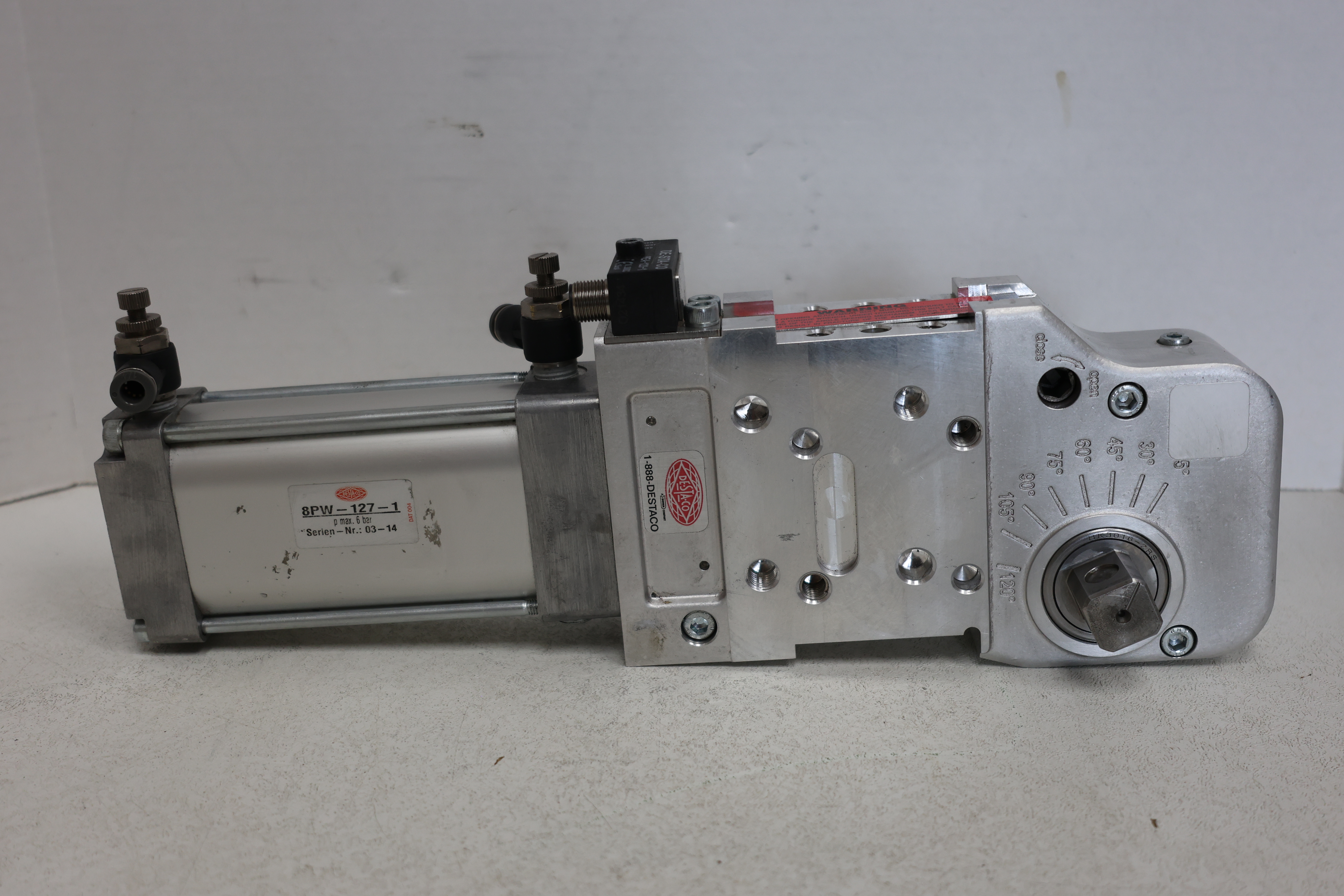 Used DESTACO 82M-323005NC8 Pneumatic Power Clamp 90 lb-in M14 Connector GHA-141-C1