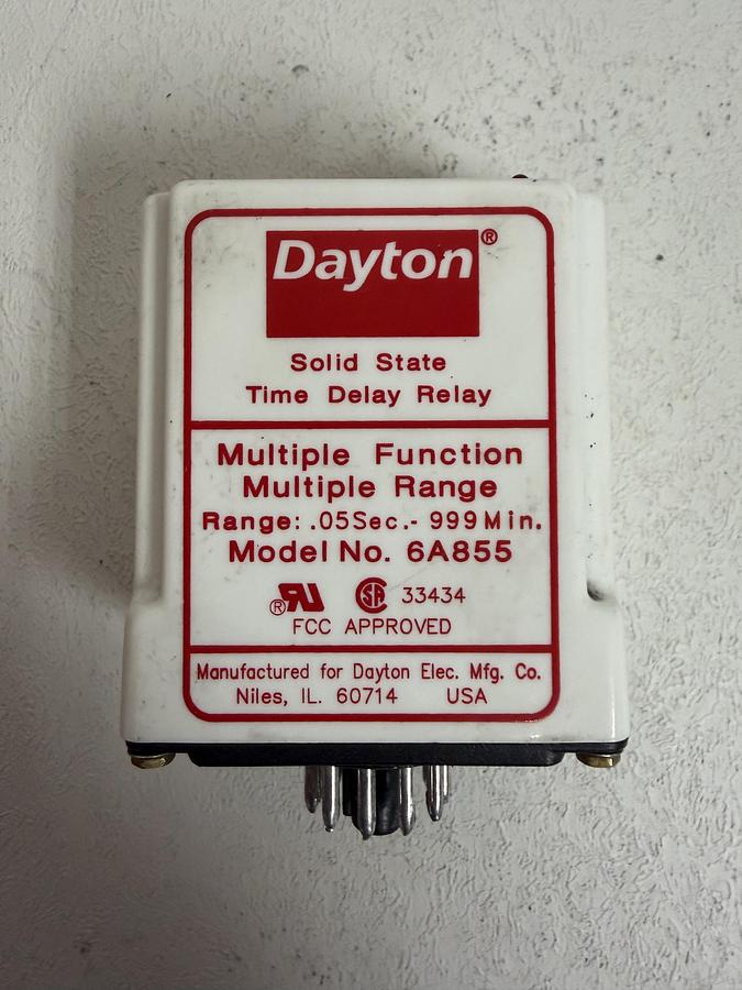 Used Dayton Adjustable Time Delay Relay 6A855 0.05 Sec To 999 Hour 120V AC/DC