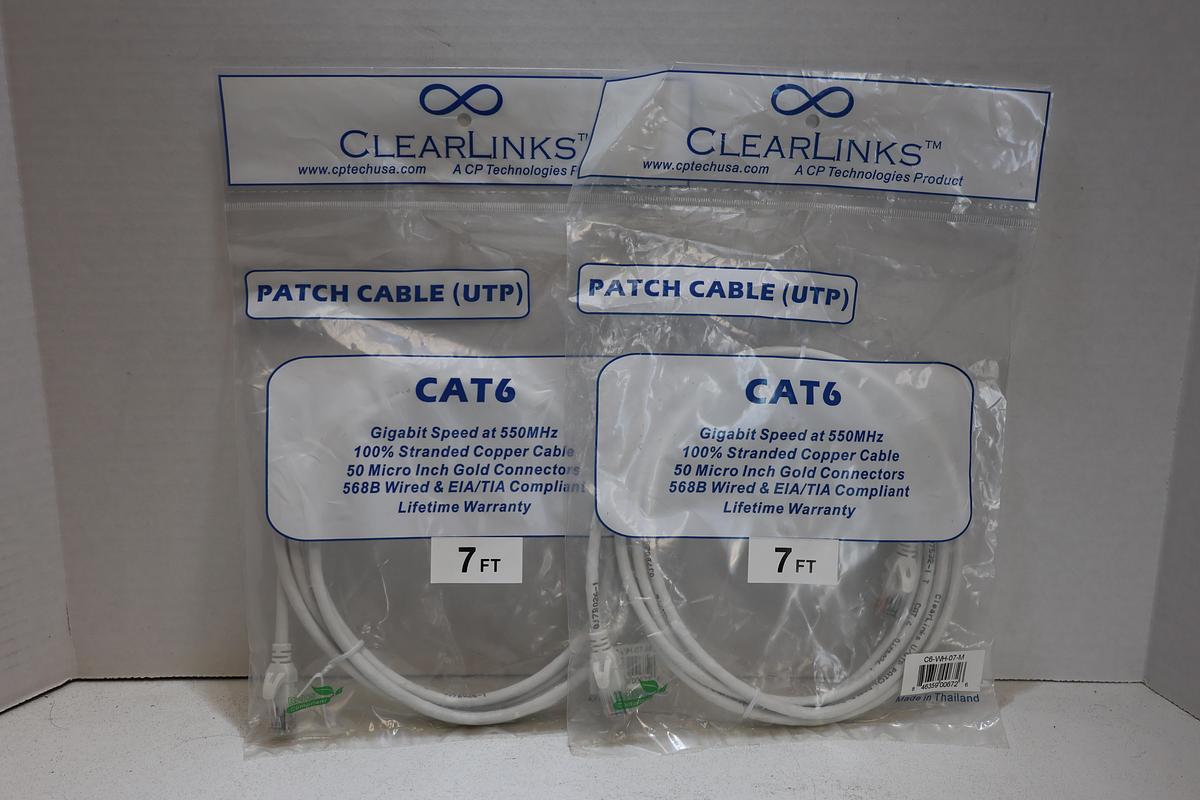 ClearLinks CAT6 UTP Patch Cable Lot of 2 – 7 Ft White Ethernet Cables – New Sealed