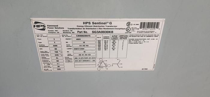 Used HPS Sentinel G Transformer SG3A0030KB 3 Phase 30kVa - GHC-8