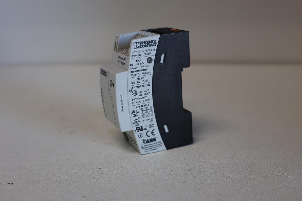 Used Phoenix Contact STEP Power Supply/ Model: 2868635 (VN) – 24VDC 0.75A DIN Rail Mount GHA 181