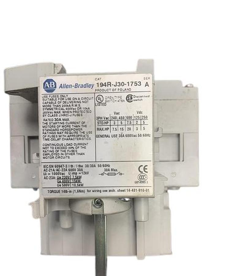 Used Allen-Bradley 194R-J30-1753 Disconnect Switch with Rod and Disconnect Lever