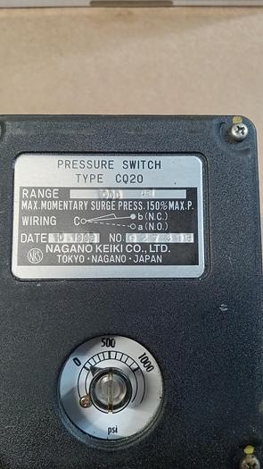 Used Nagano Keiki Co. Type CQ20 Pressure Switch 1000PSI GH503