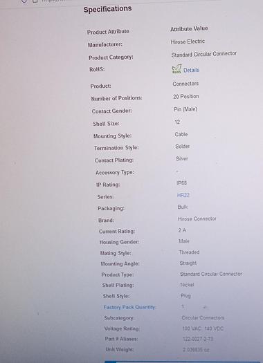Used Mouser Electronics Hirose Standard Circular Connector HR22-12WTPA-20P(73) 20P M STRT GH
