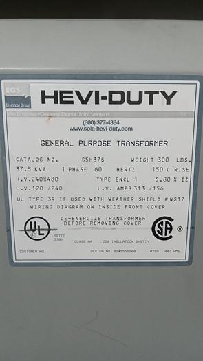 Used Hevi-Duty S5H37S General Purpose Transformer 37.5KVA (GH0-0)