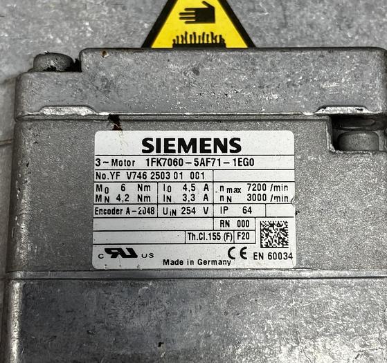 Used SIEMENS 1FK7060-5AH71-1EG0 SERVO MOTOR 3000 RPM GHA-164