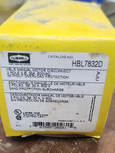 Hubbell HBL7832D Manual Motor Switch 30A 600VAC 2 Pole - GHA-118