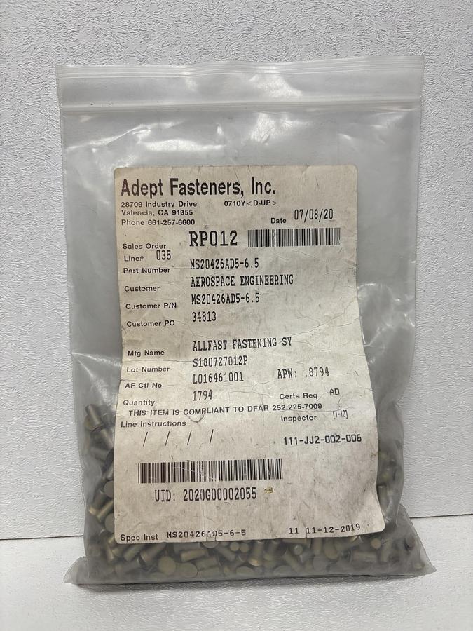 Used Adept Fastener, Inc. Rivet, MS20426AD5-6.5 (1,794) GHA-93 co#0