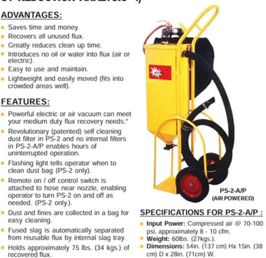 Used Weld Engineering Portable Flux Recovery PS-2 A/P 