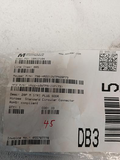 Used Mouser Electronics Hirose Standard Circular Connector HR22-12WTPA-20P(73) 20P M STRT GH
