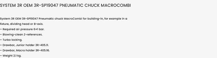 Used System 3R OEM 3R-SP19047 Pneumatic Chuck MacroCombi GH108