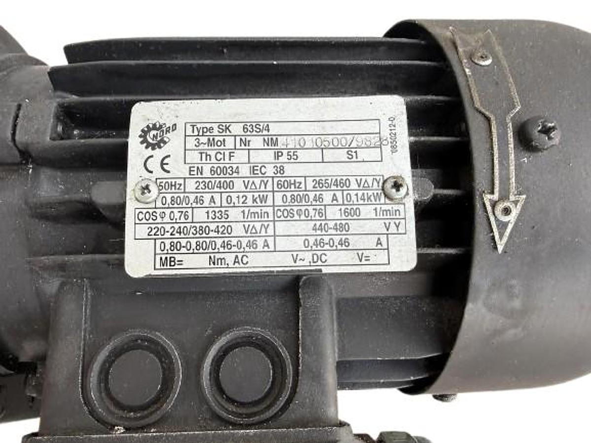 Used NORD SK 63S/4 Electric Motor – 3-Phase 0.12kW / 0.14kW – 230/400V – IP55