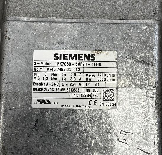 Used SIEMENS 1FK7060-5AF71-1EH0 SERVO MOTOR 3000RPM GHA-164