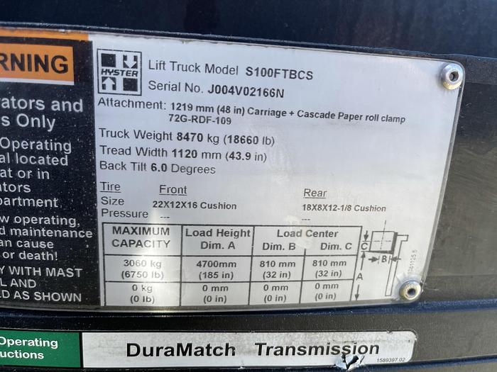 Used 10,000 POUND HYSTER MODEL S100FTBCS FORKLIFT WITH 64" DIAMETER CASCADE CLAMP