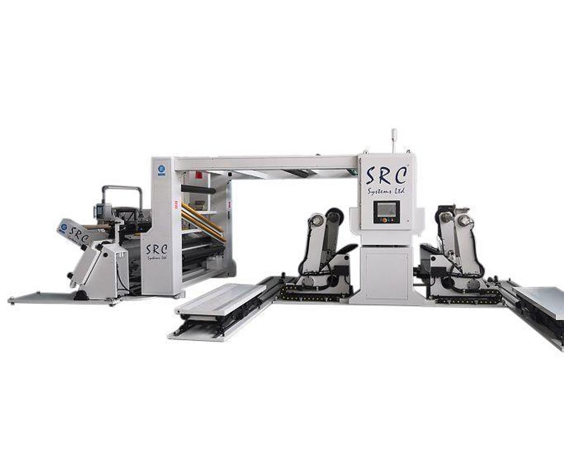 Used 84" WIDE SRC SYSTEMS LTD MODEL 750CS CENTER SURFACE SLITTER WITH UNLOADING