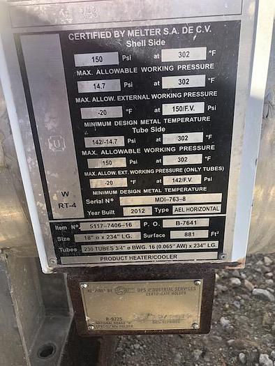 Used Used Melter approximately 857 square foot 316L stainless steel Shell and Tube Heat Exchanger