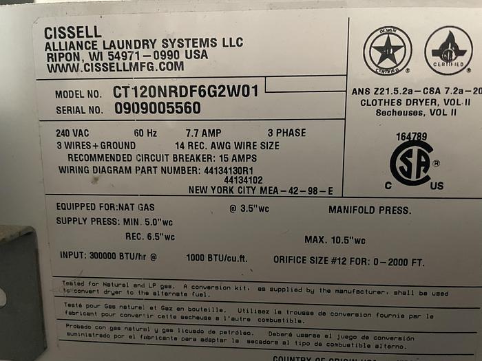 Used 2009 CISSELL 120LB GAS DRYER