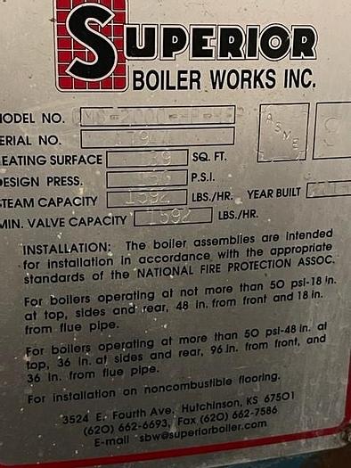 Used Superior Steam Boiler Model GMS-2000HP -45P