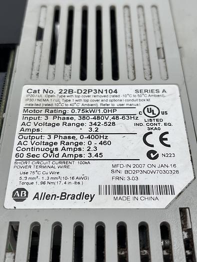 Used Allen-Bradley 22B-D2P3N104 Ser A