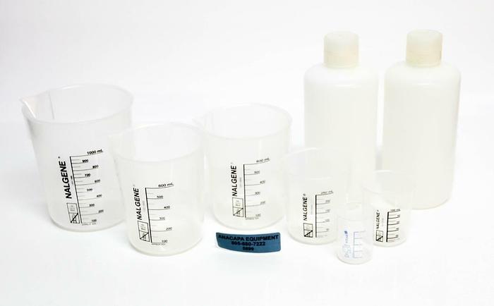 Used Nalgene 1201 Set 50 mL - 1000 mL Beaker & Narrow Mouth, Vitlab, Lot of 8 (5899)