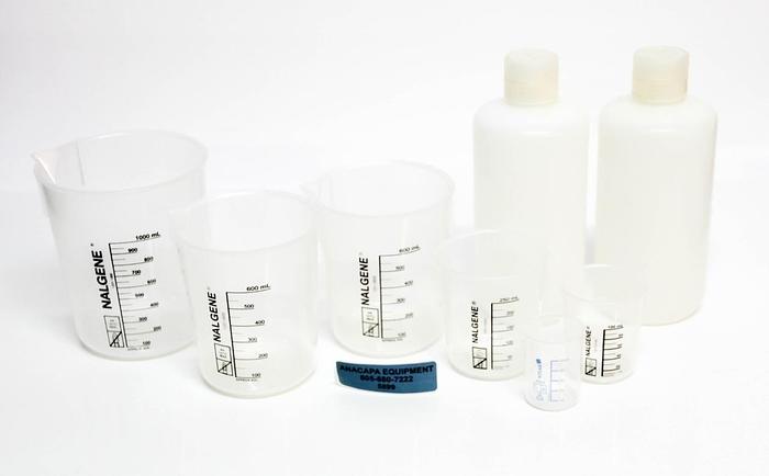 Used Nalgene 1201 Set 50 mL - 1000 mL Beaker &amp; Narrow Mouth, Vitlab,  Lot of 8 (5899)