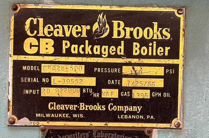 Used 1966 Cleaver Brooks CB 428-500 500 HP 150 PSI Steam Boiler