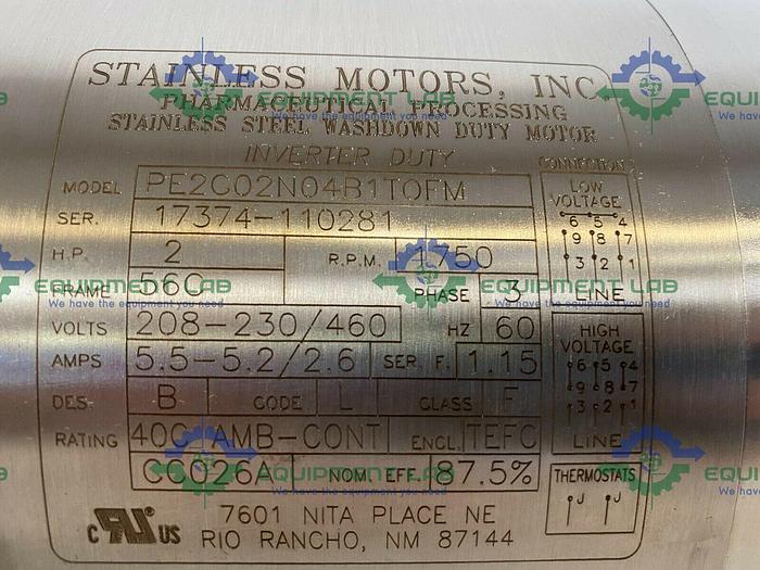 Used Stainless Motors PE2C02N04B1TOFM Stainless Steel 2 HP Washdown Duty Motor
