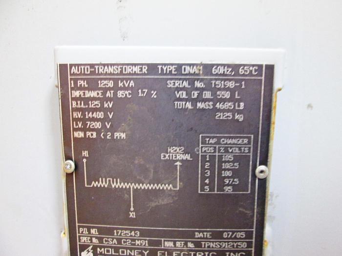 Used 2005 Moloney ONAM single phase 1250KVA Pole-mount Auto-Transformer