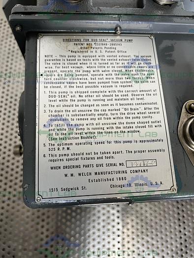 Used Welch  1402 DuoSeal Belt-Driven Rotary Vane Vacuum Pump 115/230V
