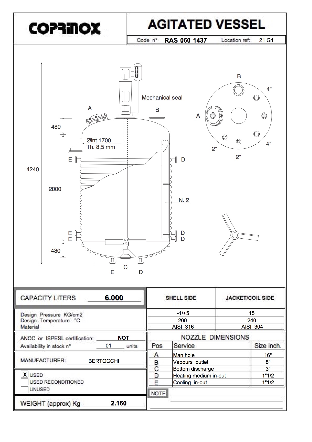 Used Reattore 6.000 lt in acciaio inox con semitubo