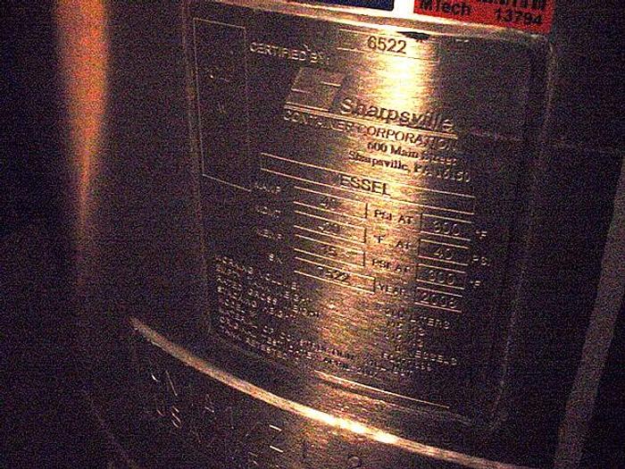 Used 200 LITER SHARPSVILLE PRESSURE TANK WITH BOTTOM AGITATOR - 316L S/S