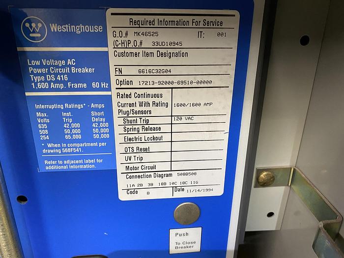 Used Westinghouse Low Voltage 1600 Amp DS Breakers
